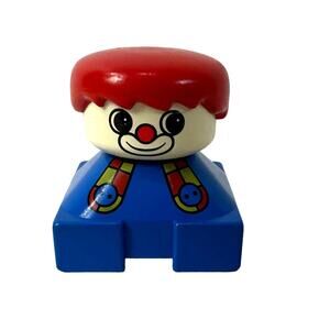 Vintage Lego Duplo Clown Figure Brick Blue Square Base Suspenders Red Hair